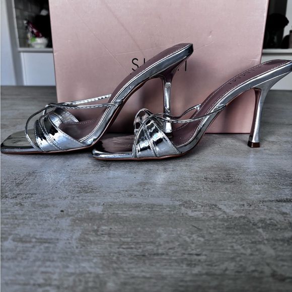 SIMMI London Silver Strappy Square-Toe Mule Heels - Picture 2 of 5